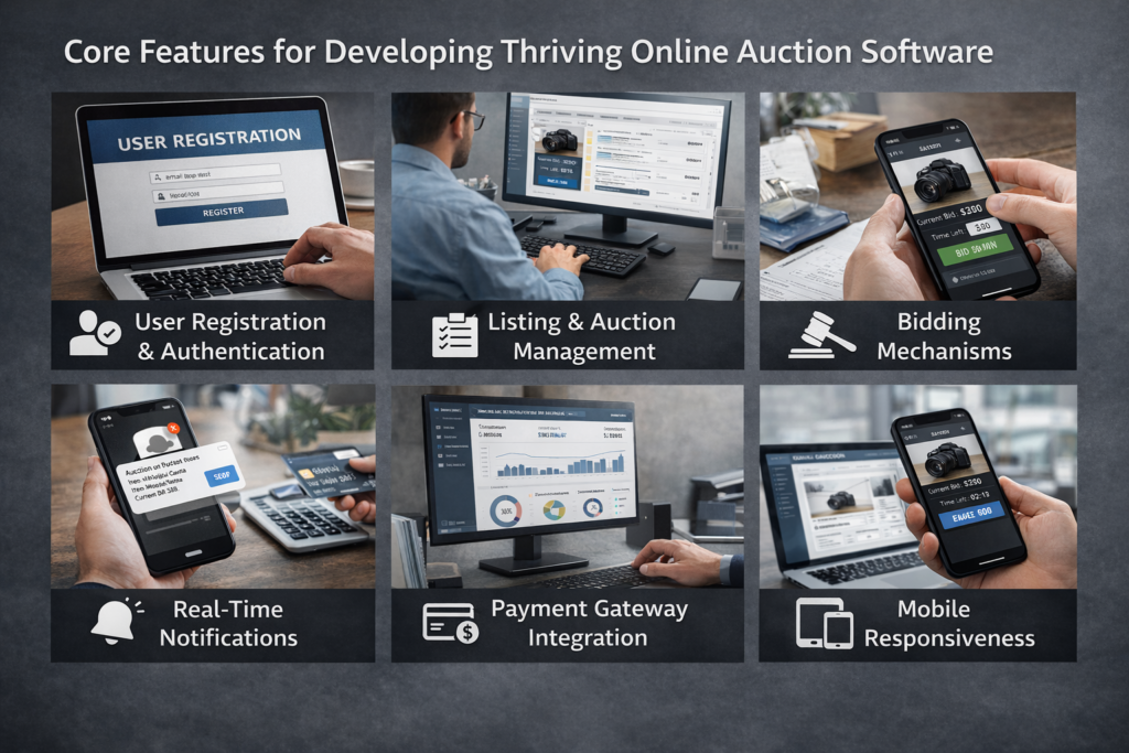 developing thriving online auction software, knowledge about the core features required