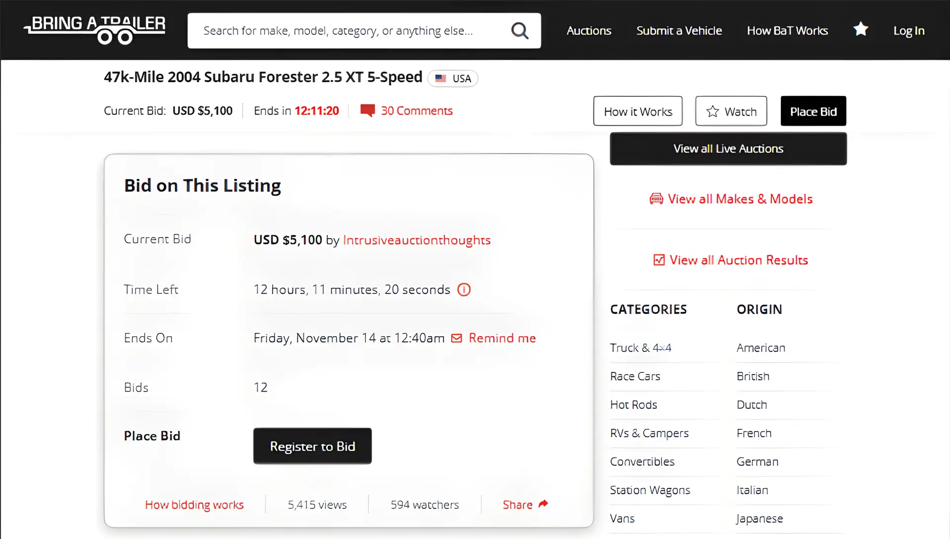 2 Bring a Trailer auction page showing instant updates in bid values and countdowns — a real-world example of continuous real-time indexing.