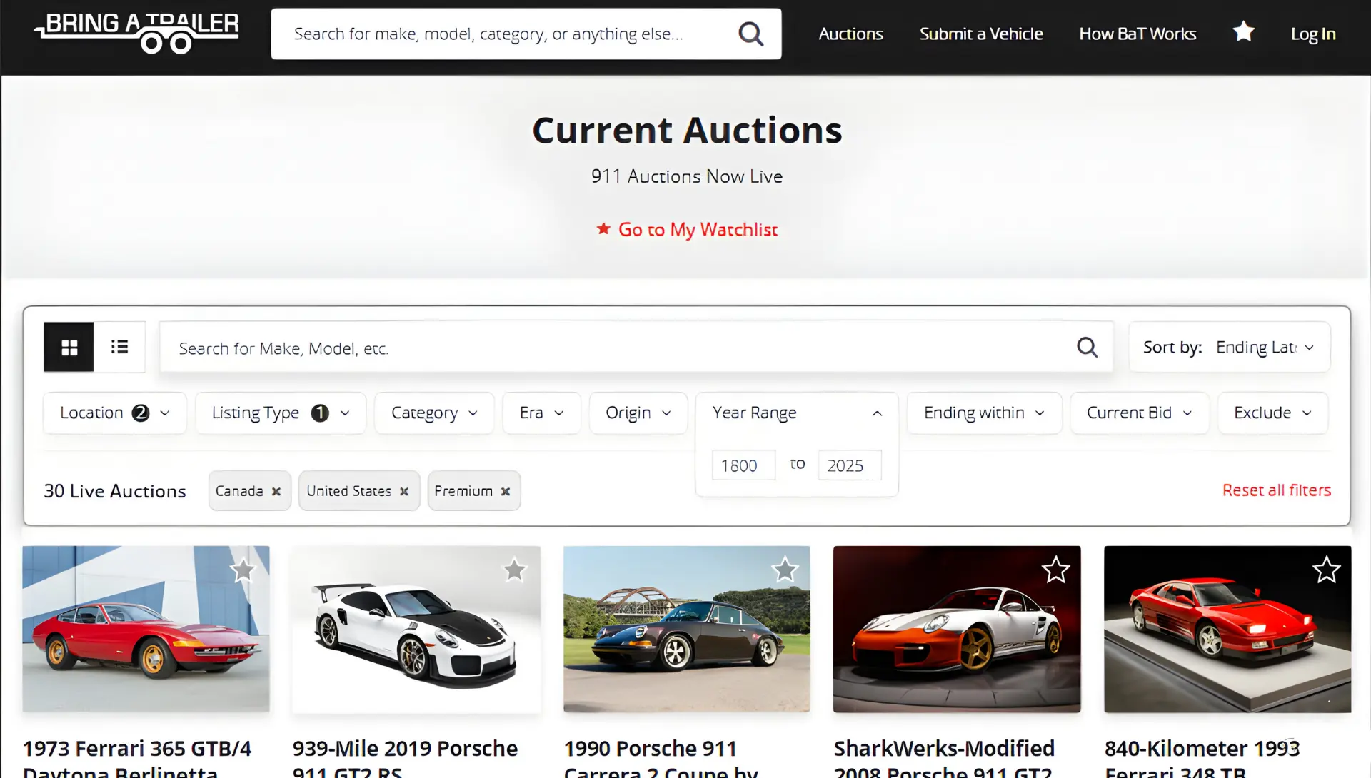 3 Bring a Trailer’s faceted filtering interface enabling bidders to refine live auctions by multiple criteria such as era, category, and origin.