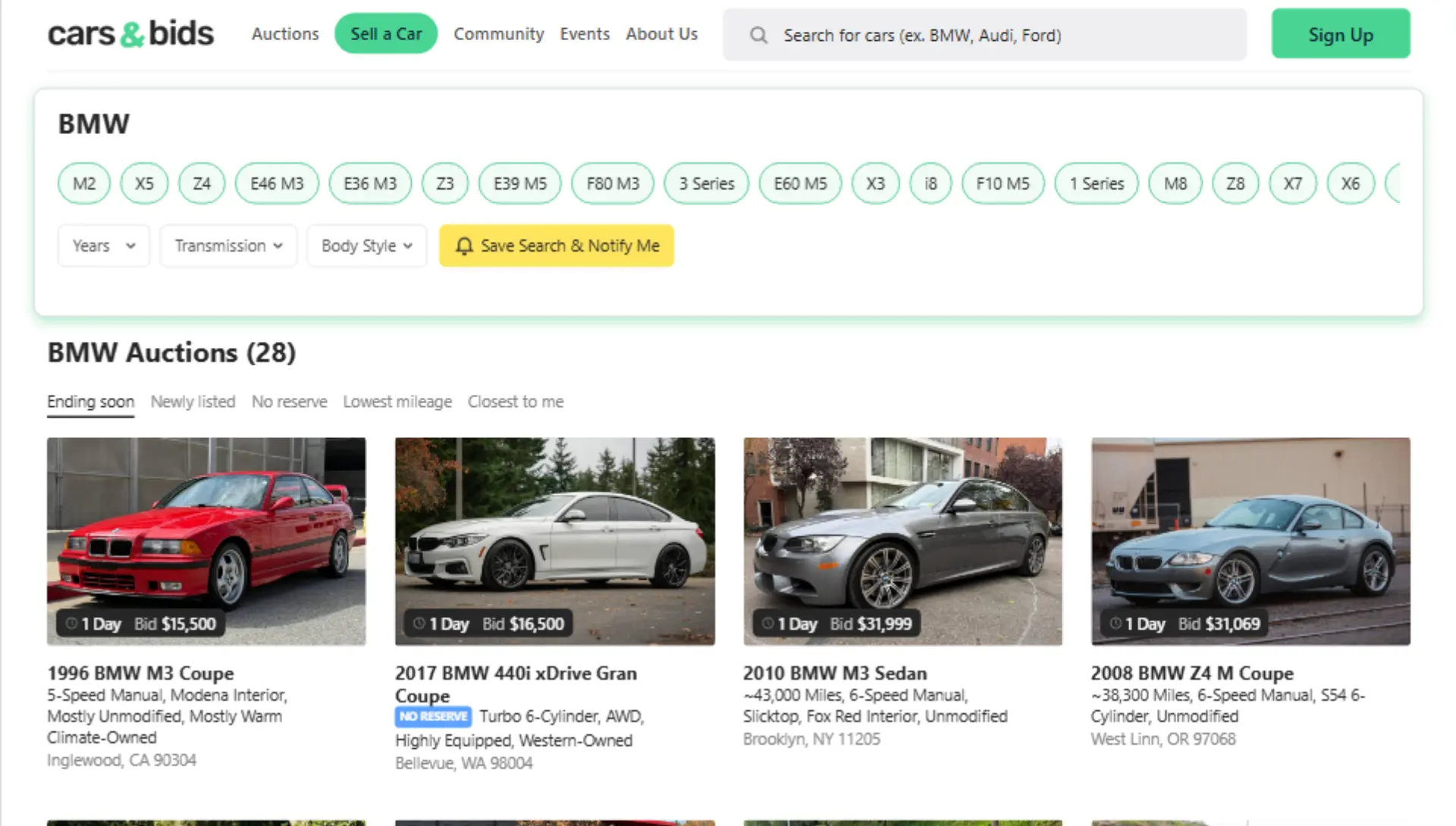 4 model-based tags (e.g., M2, Z4, E46 M3) and year filters