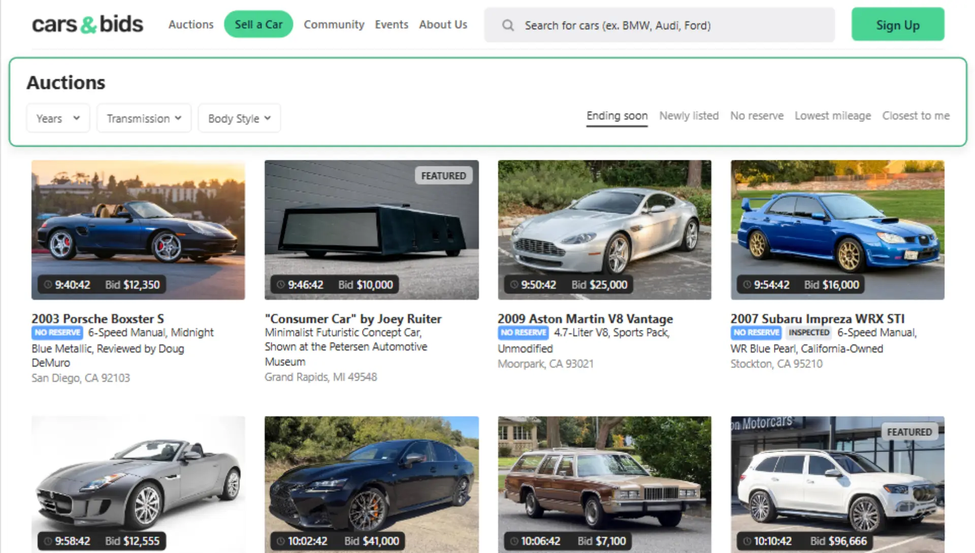 5 Cars & Bids interface displaying real-time auction filters for status, timing, and location.
