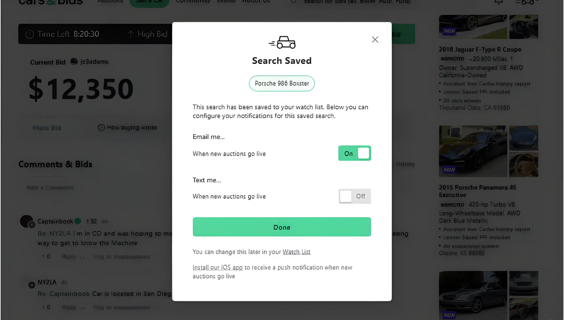8 Cars & Bids illustrating the “Save Search & Notify Me” option for tailored auction alerts.