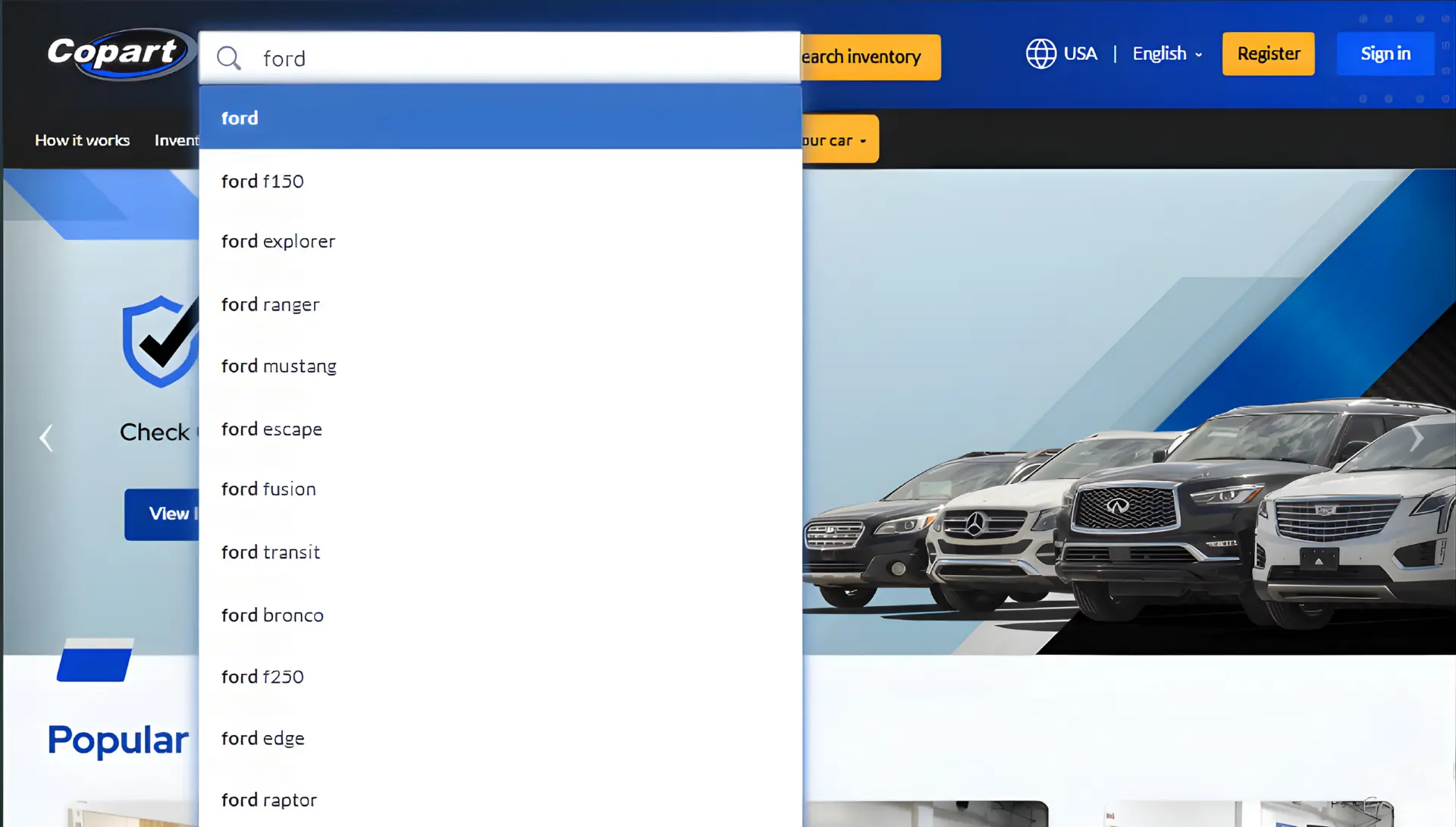 9 Copart’s predictive search showcasing auto-suggestions for “Ford” models.